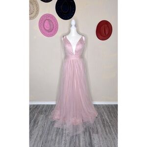 Long tulle Prom Dress with Spaghetti Strap,V-Neck and slit